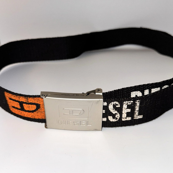 Vintage Y2K Diesel Black Canvas Logo Print Adjustable Logo Buckle Belt Up To 46” - Picture 4 of 10